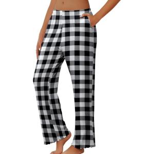 imageEkouaer Pajama Pants Women Soft Casual Lounge Pajama Bottoms Comfy Stretch Sleep Pants Wide Leg Pj Bottoms with PocketsBlack White Plaid