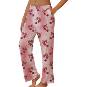imageEkouaer Pajama Pants Women Soft Casual Lounge Pajama Bottoms Comfy Stretch Sleep Pants Wide Leg Pj Bottoms with PocketsRed Cherry