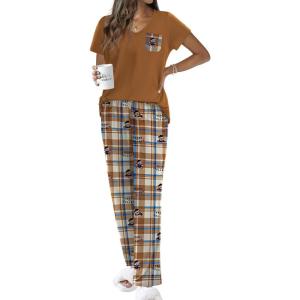 imageEkouaer Pajama Sets For Women 2 Piece Short Sleeve Pj Sets With Long Printed Pants Sleepwear Casual Loose Lounge SetsBrown Bear