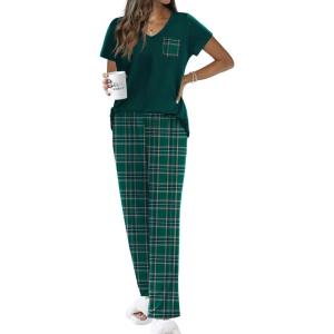 imageEkouaer Pajama Sets For Women 2 Piece Short Sleeve Pj Sets With Long Printed Pants Sleepwear Casual Loose Lounge SetsGreen Plaid