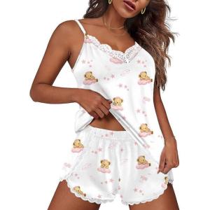 imageEkouaer Pajama Sets for Women Lingerie Sleepwear 2 Piece Cami Split Short Set V Neck Lace Summer PjsTeddy Blue