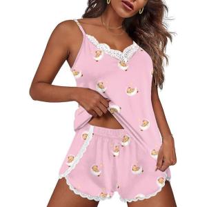 imageEkouaer Pajama Sets for Women Lingerie Sleepwear 2 Piece Cami Split Short Set V Neck Lace Summer PjsTeddy Pink
