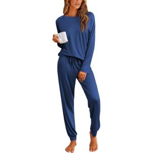 imageEkouaer Pajamas Womens Long Sleeve Pj Set 2 Piece Loungewear Soft Comfy Sleepwear with Jogger Pants SXXLBlue