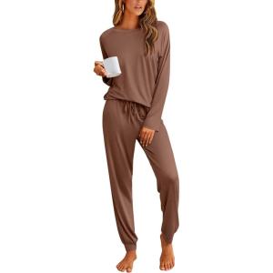imageEkouaer Pajamas Womens Long Sleeve Pj Set 2 Piece Loungewear Soft Comfy Sleepwear with Jogger Pants SXXLBrown