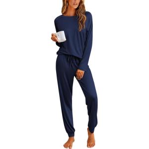 imageEkouaer Pajamas Womens Long Sleeve Pj Set 2 Piece Loungewear Soft Comfy Sleepwear with Jogger Pants SXXLNavy
