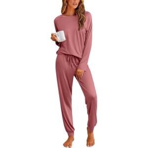 imageEkouaer Pajamas Womens Long Sleeve Pj Set 2 Piece Loungewear Soft Comfy Sleepwear with Jogger Pants SXXLOld Rose