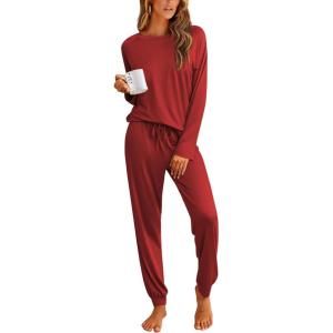 imageEkouaer Pajamas Womens Long Sleeve Pj Set 2 Piece Loungewear Soft Comfy Sleepwear with Jogger Pants SXXLRed