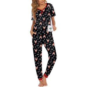 imageEkouaer Pajamas for Women Set 2 Piece Lounge Set Short Sleeve Pjs Joggers Long Pants Sleepwear with PocketsBlack Christmas