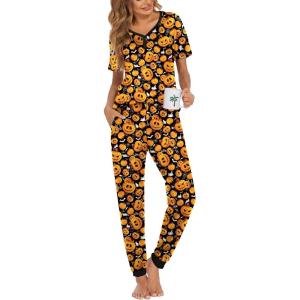 imageEkouaer Pajamas for Women Set 2 Piece Lounge Set Short Sleeve Pjs Joggers Long Pants Sleepwear with PocketsBlack Halloween