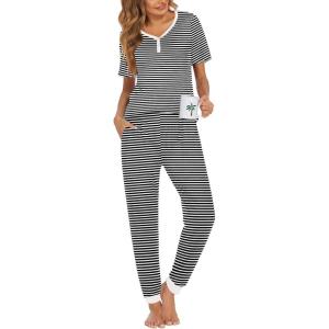 imageEkouaer Pajamas for Women Set 2 Piece Lounge Set Short Sleeve Pjs Joggers Long Pants Sleepwear with PocketsBlack Stripe