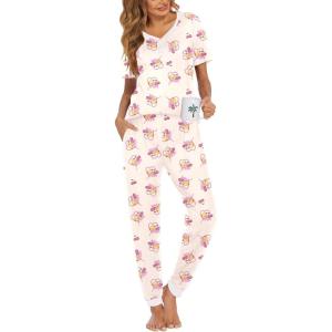 imageEkouaer Pajamas for Women Set 2 Piece Lounge Set Short Sleeve Pjs Joggers Long Pants Sleepwear with PocketsChampagne Teddy