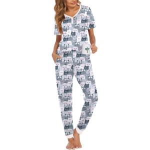 imageEkouaer Pajamas for Women Set 2 Piece Lounge Set Short Sleeve Pjs Joggers Long Pants Sleepwear with PocketsGery Cat