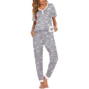 imageEkouaer Pajamas for Women Set 2 Piece Lounge Set Short Sleeve Pjs Joggers Long Pants Sleepwear with PocketsGery Coffee