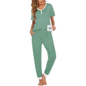 imageEkouaer Pajamas for Women Set 2 Piece Lounge Set Short Sleeve Pjs Joggers Long Pants Sleepwear with PocketsGreen Stripe