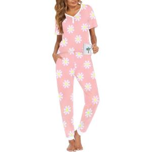 imageEkouaer Pajamas for Women Set 2 Piece Lounge Set Short Sleeve Pjs Joggers Long Pants Sleepwear with PocketsLight Purple Flower