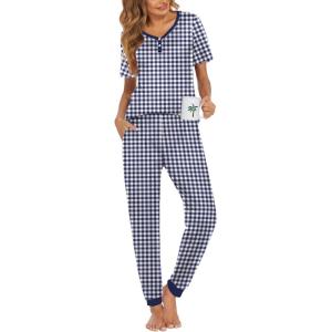 imageEkouaer Pajamas for Women Set 2 Piece Lounge Set Short Sleeve Pjs Joggers Long Pants Sleepwear with PocketsNavy Plaid