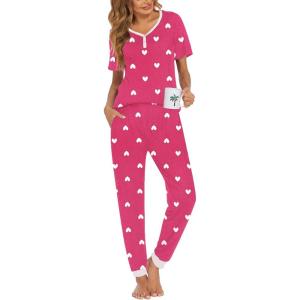 imageEkouaer Pajamas for Women Set 2 Piece Lounge Set Short Sleeve Pjs Joggers Long Pants Sleepwear with PocketsPink Heart