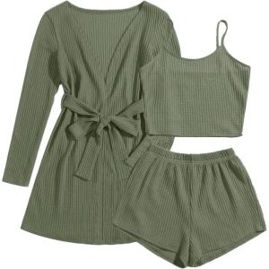 imageEkouaer Pajamas for Women Set 3 Piece Lounge Set Soft Pajama Sets Waffle Knit Tank Top and Shorts Cardigan with Pockets SXXLArmy Green