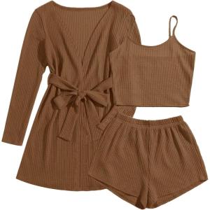 imageEkouaer Pajamas for Women Set 3 Piece Lounge Set Soft Pajama Sets Waffle Knit Tank Top and Shorts Cardigan with Pockets SXXLBrown