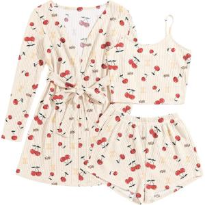 imageEkouaer Pajamas for Women Set 3 Piece Lounge Set Soft Pajama Sets Waffle Knit Tank Top and Shorts Cardigan with Pockets SXXLCherry Teddy Bear