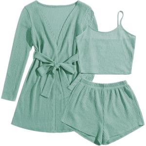 imageEkouaer Pajamas for Women Set 3 Piece Lounge Set Soft Pajama Sets Waffle Knit Tank Top and Shorts Cardigan with Pockets SXXLGrey Green