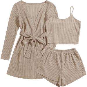imageEkouaer Pajamas for Women Set 3 Piece Lounge Set Soft Pajama Sets Waffle Knit Tank Top and Shorts Cardigan with Pockets SXXLKhaki