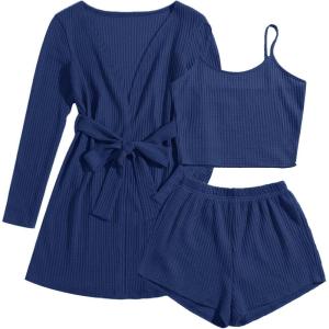 imageEkouaer Pajamas for Women Set 3 Piece Lounge Set Soft Pajama Sets Waffle Knit Tank Top and Shorts Cardigan with Pockets SXXLNavy Blue