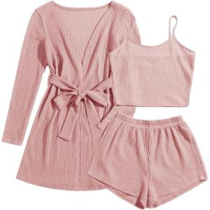 imageEkouaer Pajamas for Women Set 3 Piece Lounge Set Soft Pajama Sets Waffle Knit Tank Top and Shorts Cardigan with Pockets SXXLPink