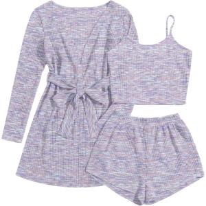 imageEkouaer Pajamas for Women Set 3 Piece Lounge Set Soft Pajama Sets Waffle Knit Tank Top and Shorts Cardigan with Pockets SXXLPurple Tie Dye