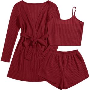 imageEkouaer Pajamas for Women Set 3 Piece Lounge Set Soft Pajama Sets Waffle Knit Tank Top and Shorts Cardigan with Pockets SXXLWine Red