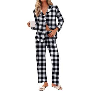 imageEkouaer Pajamas for Women Set Button Down Pj Long Sleeve Shirt and Pants Lounge Sets Fall Sleepwear with PocketsBlack Plaid