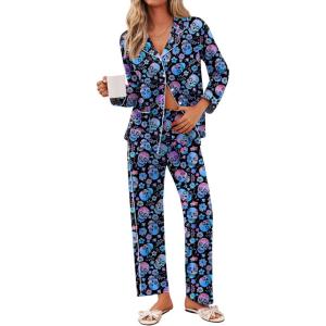 imageEkouaer Pajamas for Women Set Button Down Pj Long Sleeve Shirt and Pants Lounge Sets Fall Sleepwear with PocketsBlack Skull Floral
