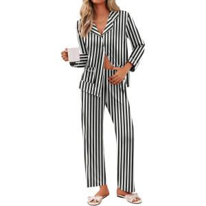 imageEkouaer Pajamas for Women Set Button Down Pj Long Sleeve Shirt and Pants Lounge Sets Fall Sleepwear with PocketsBlack Striped