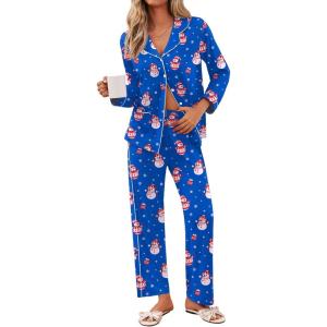 imageEkouaer Pajamas for Women Set Button Down Pj Long Sleeve Shirt and Pants Lounge Sets Fall Sleepwear with PocketsBlue Snowman