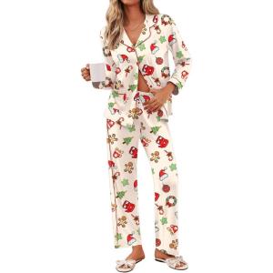 imageEkouaer Pajamas for Women Set Button Down Pj Long Sleeve Shirt and Pants Lounge Sets Fall Sleepwear with PocketsGingerbread Wreath