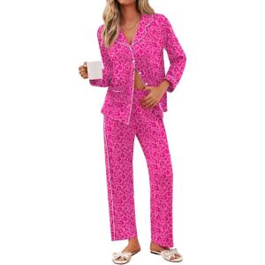 imageEkouaer Pajamas for Women Set Button Down Pj Long Sleeve Shirt and Pants Lounge Sets Fall Sleepwear with PocketsHot Pink Leopard