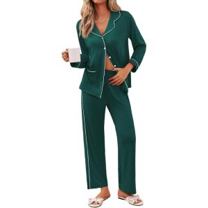imageEkouaer Pajamas for Women Set Button Down Pj Long Sleeve Shirt and Pants Lounge Sets Fall Sleepwear with PocketsLake Green