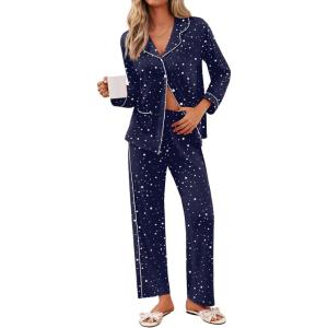 imageEkouaer Pajamas for Women Set Button Down Pj Long Sleeve Shirt and Pants Lounge Sets Fall Sleepwear with PocketsNavy Star