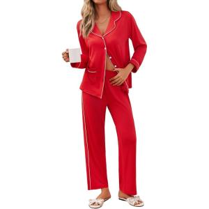 imageEkouaer Pajamas for Women Set Button Down Pj Long Sleeve Shirt and Pants Lounge Sets Fall Sleepwear with PocketsRed