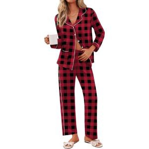 imageEkouaer Pajamas for Women Set Button Down Pj Long Sleeve Shirt and Pants Lounge Sets Fall Sleepwear with PocketsRed Plaid