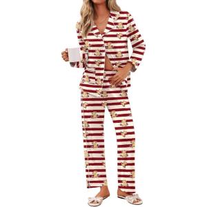 imageEkouaer Pajamas for Women Set Button Down Pj Long Sleeve Shirt and Pants Lounge Sets Fall Sleepwear with PocketsStriped Teddy