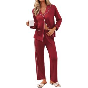 imageEkouaer Pajamas for Women Set Button Down Pj Long Sleeve Shirt and Pants Lounge Sets Fall Sleepwear with PocketsWine Red