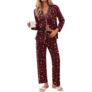 imageEkouaer Pajamas for Women Set Button Down Pj Long Sleeve Shirt and Pants Lounge Sets Fall Sleepwear with PocketsWine Red Cheetah