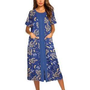 imageEkouaer Robes For Women Zipper Front Bathrobe Short Sleeve House Coat Long Nightgown With Pockets Soft LoungewearAleaf Print