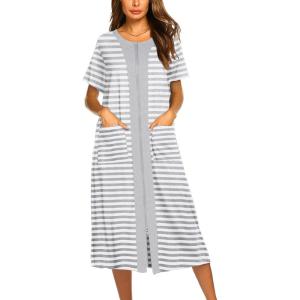 imageEkouaer Robes For Women Zipper Front Bathrobe Short Sleeve House Coat Long Nightgown With Pockets Soft LoungewearAwhite