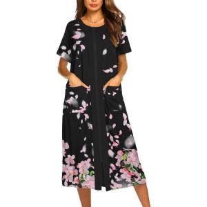 imageEkouaer Robes For Women Zipper Front Bathrobe Short Sleeve House Coat Long Nightgown With Pockets Soft LoungewearBlack Sakura