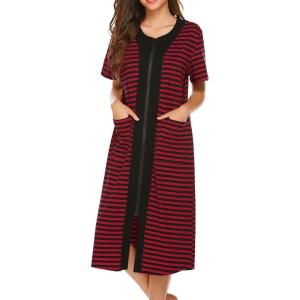 imageEkouaer Robes For Women Zipper Front Bathrobe Short Sleeve House Coat Long Nightgown With Pockets Soft LoungewearBlackred