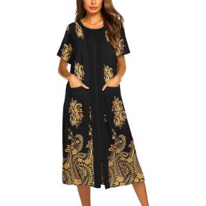 imageEkouaer Robes For Women Zipper Front Bathrobe Short Sleeve House Coat Long Nightgown With Pockets Soft LoungewearBlue Flowers