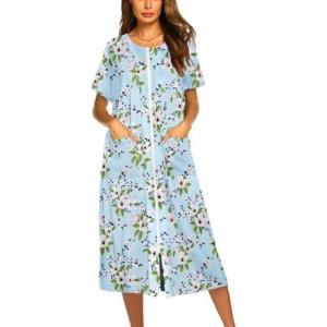 imageEkouaer Robes For Women Zipper Front Bathrobe Short Sleeve House Coat Long Nightgown With Pockets Soft LoungewearBlue Green Leaves