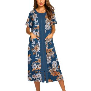 imageEkouaer Robes For Women Zipper Front Bathrobe Short Sleeve House Coat Long Nightgown With Pockets Soft LoungewearFlower Print 3
